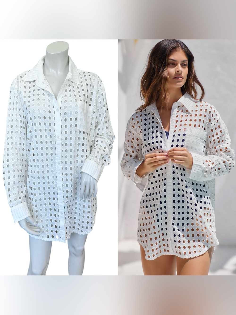 Solid & Striped White Eyelet Embroidered Oversized Coverup Oxford Shirt Medium
